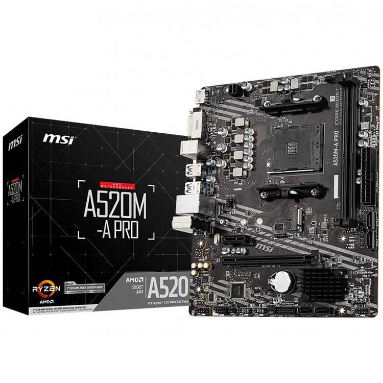 MSI A520M-A PRO, m-ATX, AMD AM4 Socket, 1x PCI-E 3.0 x16 slot, HDMI, DVI-D, 2 DIMMs, Dual Channel DDR4-4600MHz (OC), 1x PCI-E 3.0 x1 slot, 1x M.2 Gen3 x4 slot, 4x SATA 6Gb/s ports, 6x USB 3.2 Gen 1 5G