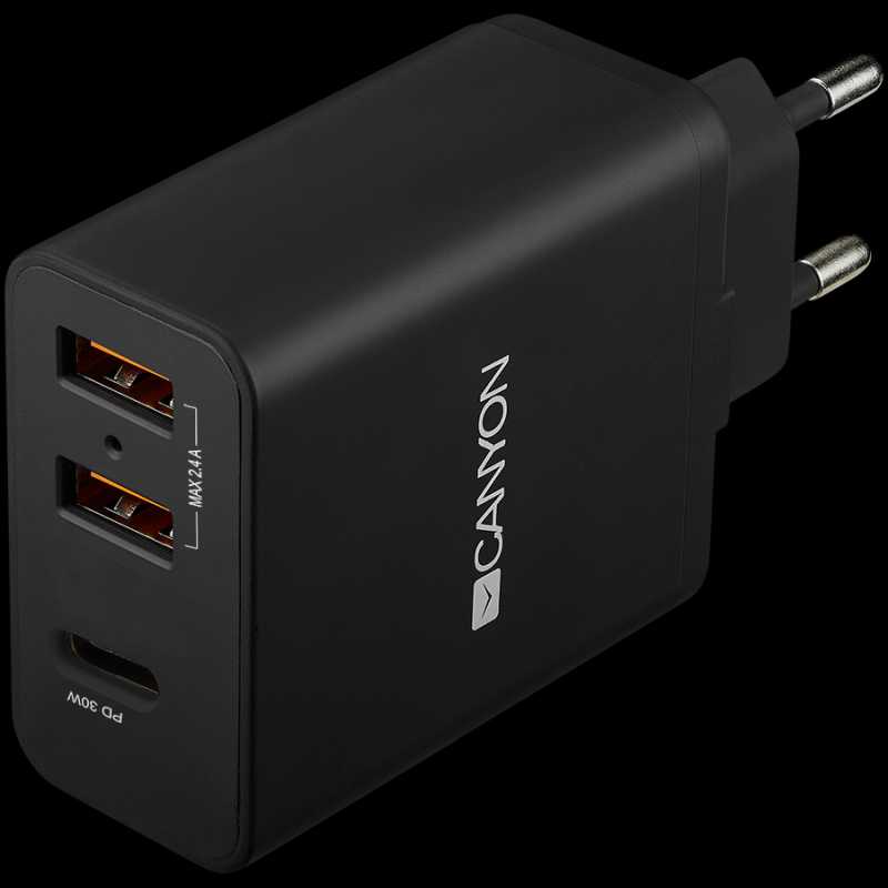 CANYON H-08 Universal 3xUSB AC charger (in wall) with over-voltage protection(1 USB-C with PD Quick Charger), Input 100V-240V, Output USB-A/5V-2.4A+USB-C/PD30W, with Smart IC, Black Glossy Color+orang