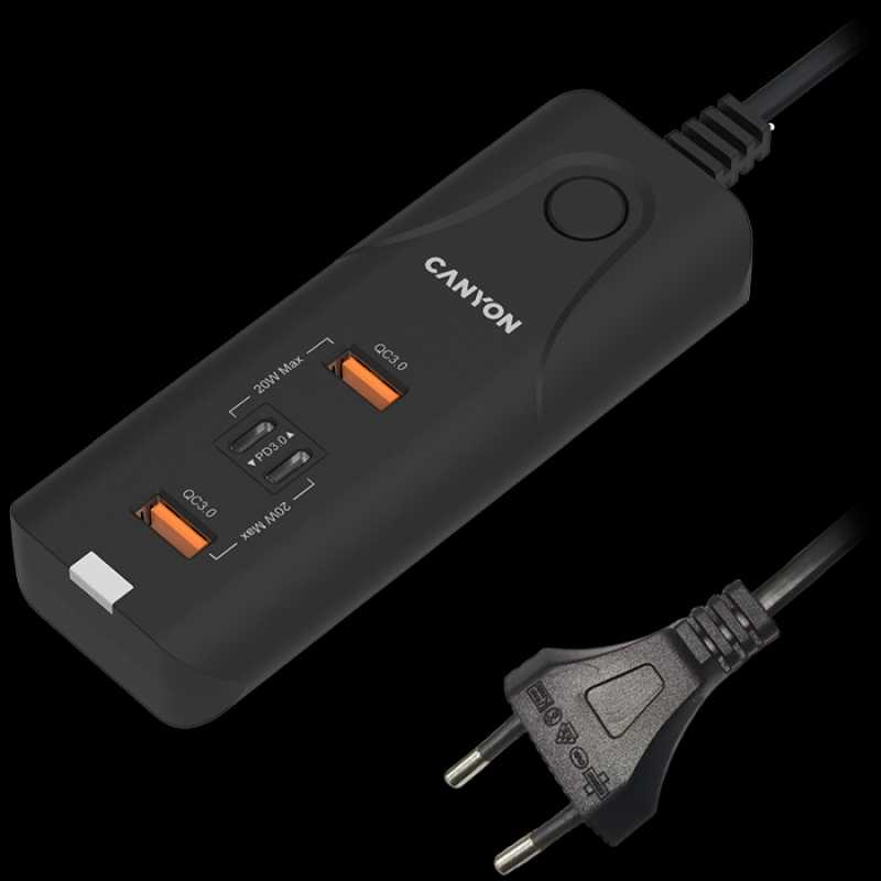 CANYON H-10, Wall charger. CNE-CHA10B Input: 100-240V~50/60Hz 1.0A Max Output1/Output2: DC USB-A QC3.0 5.0V/3.0A,9.0V/2.0A,12.0V/1.5A 18.0W(Max)USB-C PD 5.0V/3.0A,9.0V/2.22A,12.0V/1.67A 20.0W(Max)USB-