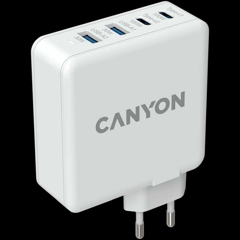 CANYON H-100, GAN 100W charger  Input:  100V-240V Output: USB-C1/C2: 5V 3A , 9V 3A , 12V 3A , 15V 3A , 20V 5A  USB-A 1/A2: 4.5V/5A, 5V/4.5A, 9V/3A, 12V/2.5A,  20V/1.5A  C1+C2 : 65W + 30W; C1+A1 : 65W 