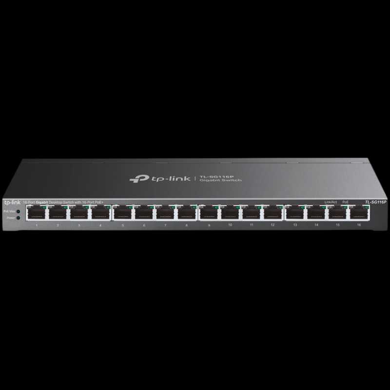 TP-Link TL-SG116P 16-Port Gigabit Desktop Switch with 16-Port PoE+, 802.3at/af, 120 W PoE Power, Desktop Steel Case, Extend Mode for 250m PoE Transmitting, Priority Mode for Port1-4, Isolation Mode, P