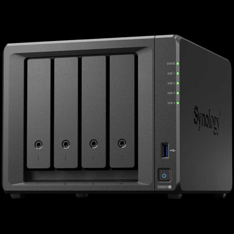 Synology DiskStation DS923+, Tower, 4-Bays 3.5'' SATA HDD/SSD, 2 x M.2 2280 NVMe SSD slot, CPU AMD R1600 2-core 2.6 (base) / 3.1 (turbo) GHz, 4 GB DDR4 ECC, 2x RJ-45 1GbE LAN Port; 2x USB 3.2; eSATA p