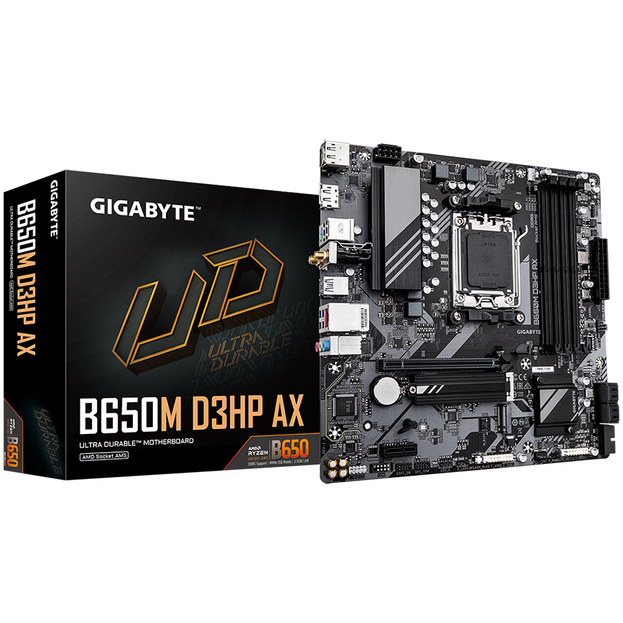 GIGABYTE Mainboard Desktop B650M D3HP (AM5, 4xDDR5, 1xHDMI, 2xDP, 2.5GbE LAN, Wi-Fi 6E 802.11ax, mATX, Retail)