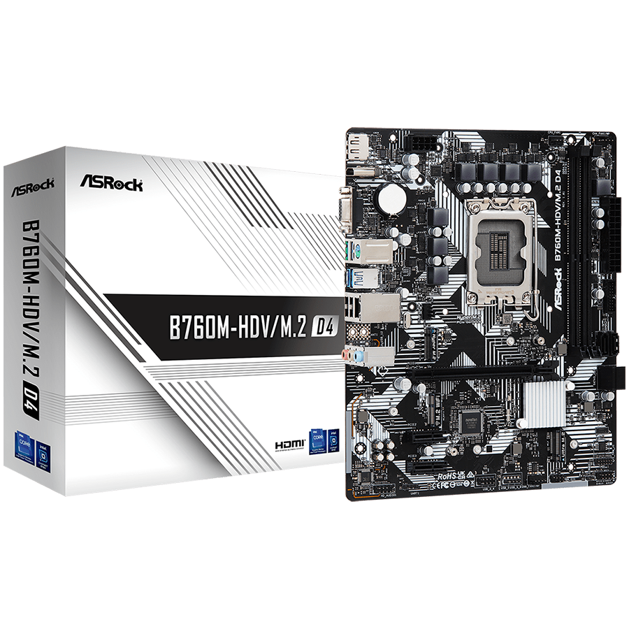 ASROCK B760M-HDV/M.2 D4 (S1700, 2x DDR4, 1x PCIe 4.0 x16, 2x PCIe 3.0 x1, 1x Hyper M.2 PCIe Gen4x4, 1x M.2 Ultra Gen3x4, 4x SATA3, 1x USB-C, 5x USB 3.2, 5x USB 2.0, 1xRJ-45 1Gbit, 1x VGA, 1