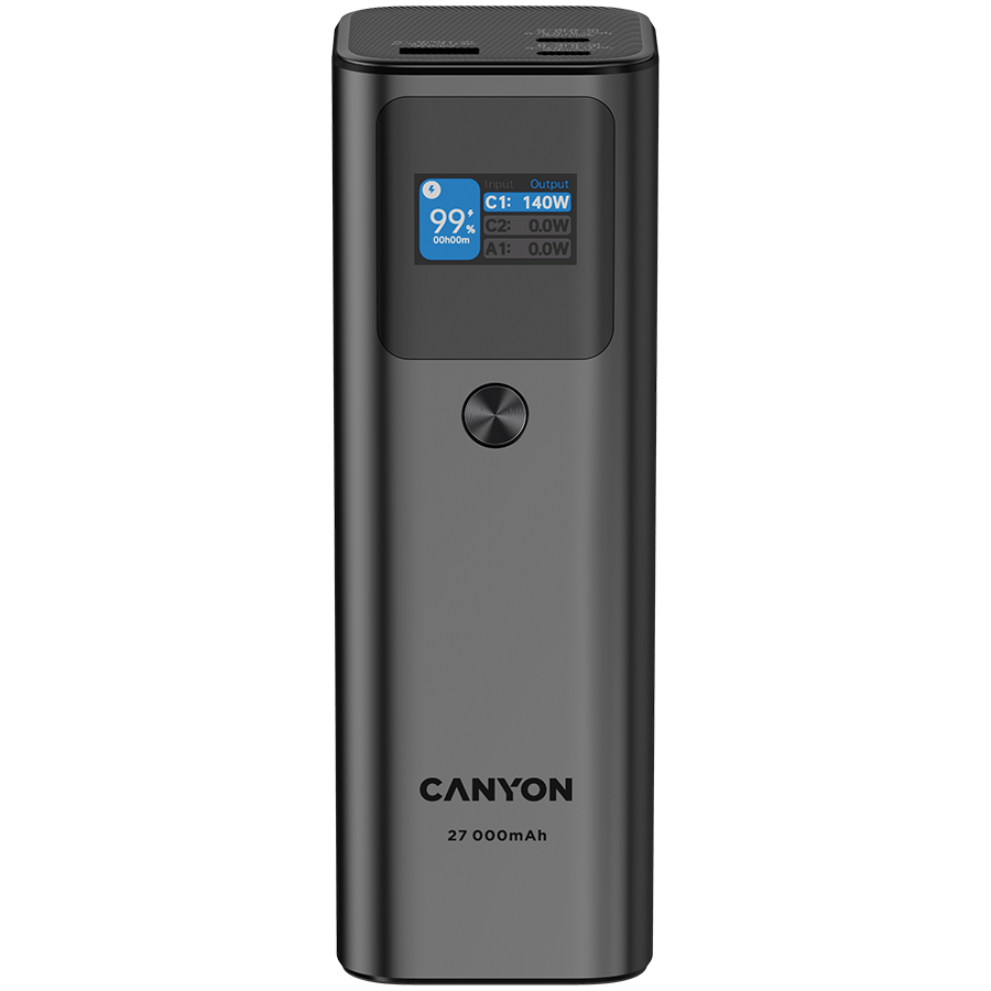 CANYON PB-2010, allowed for air travel power bank 27000mAh/97.2Wh Li-poly battery, in/out:2xUSB-C PD3.1 140W, out:USB-A QC 3.0 22.5W,TFT display,Dark Grey