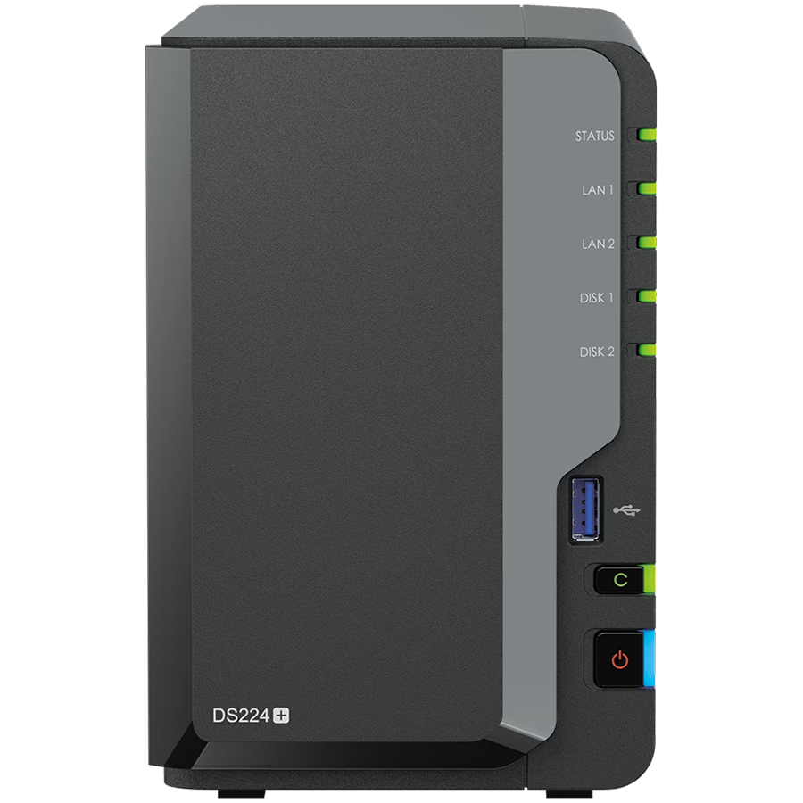 Synology DS224+,Tower, 2-bays 3.5'' SATA HDD/SSD, CPU Intel Celeron J4125 4-core (4-thread) 2.0 GHz, burst up to 2.7 GHz; 2GB DDR4 (expandable up to 6 GB) ; 2 x RJ-45 1GbE LAN Ports; 2x USB 3.2 Gen 1;