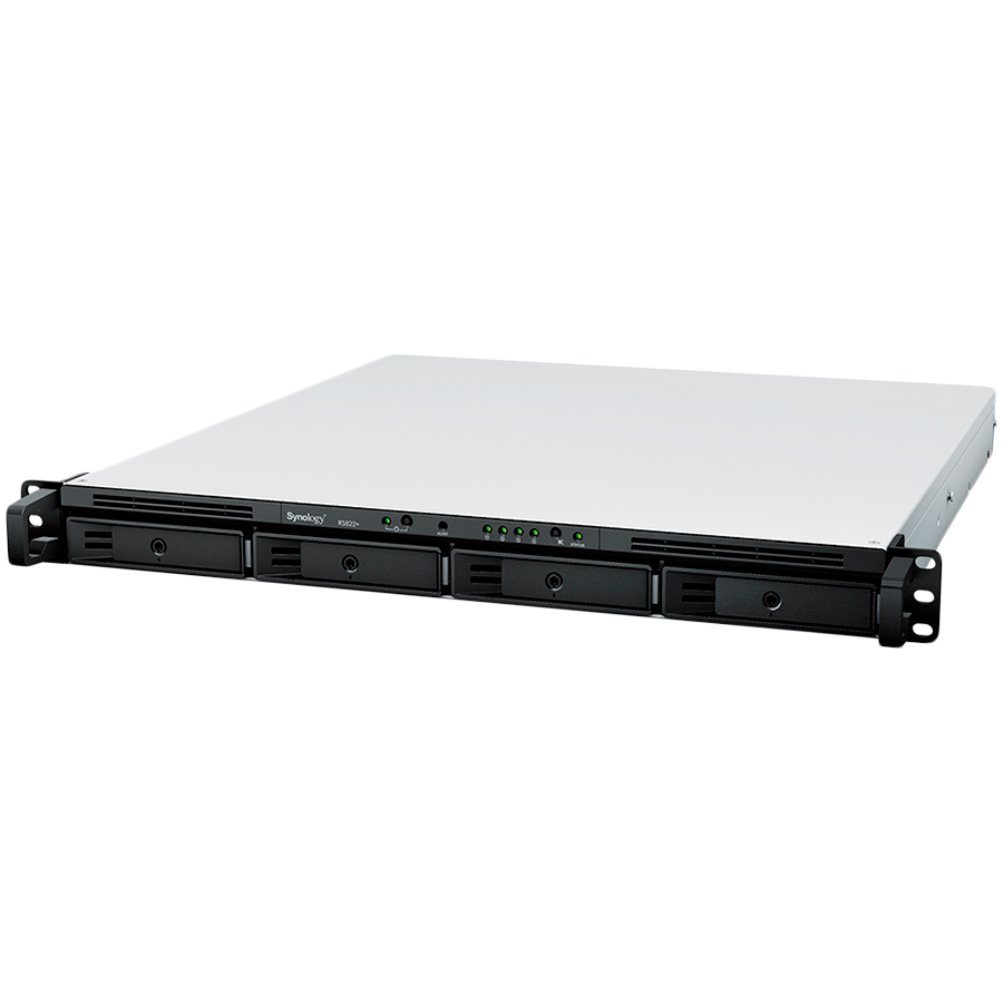 Synology RackStation RS822+, 1U, 4-bays, AMD Ryzen V1500B 4-core 2.2 GHz; 2 GB DDR4 ECC SODIMM, 1x free memory slot (up to 32GB upgradable); 4x RJ45 1GbE, 2x USB 3.1; PCIe Gen3 – Card/M2D20, 150W PS, 