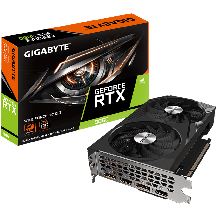 GIGABYTE Video Card NVidia GeForce RTX™ 3060 1837 MHz (Reference card: 1777 MHz) 3584 15000 MHz 12 GB GDDR6 192 bit 360 GB/s PCI-E 4.0 7680x4320 550W DisplayPort 1.4a *2 HDMI 2.1 *2