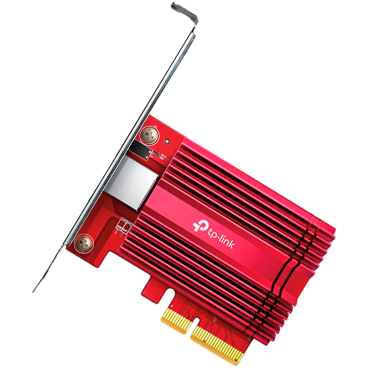TPLink 10 Gigabit PCI Express Network Adapter, 1× PCI Express 3.0 x4, 1× RJ45 Gigabit/Megabit Port, 10 Gbps, 5 Gbps, 2.5 Gbps, 1 Gbps, and 100 Mbps Base-T connectivity; 1.5 m CAT6A Ethernet Cable, Sta