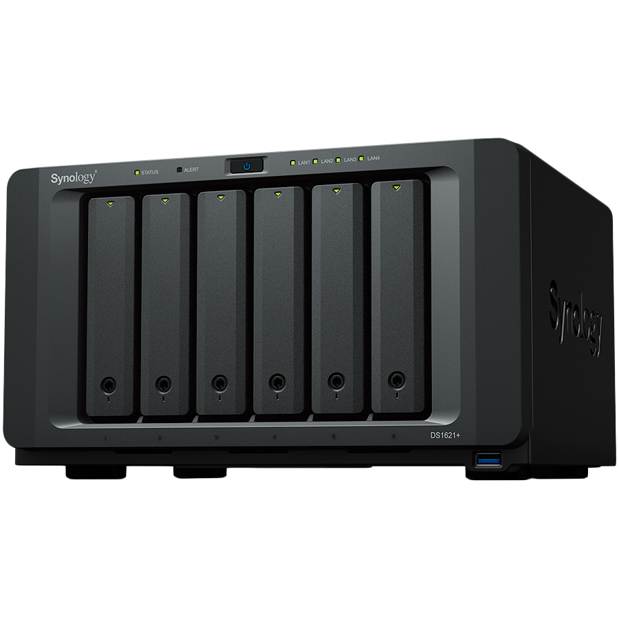 Synology DiskStation DS1621+,Tower,6-Bay 3.5'' SATA HDD/SSD, 2 x M.2 2280 NVMe SSD, CPU AMD Ryzen Quad-Core 2.2 GHz, 4 GB DDR4, 4 x RJ-45 1 GbE LAN, 3 x USB 3.0, 2 x eSATA (Expandable to 16 Bays with 