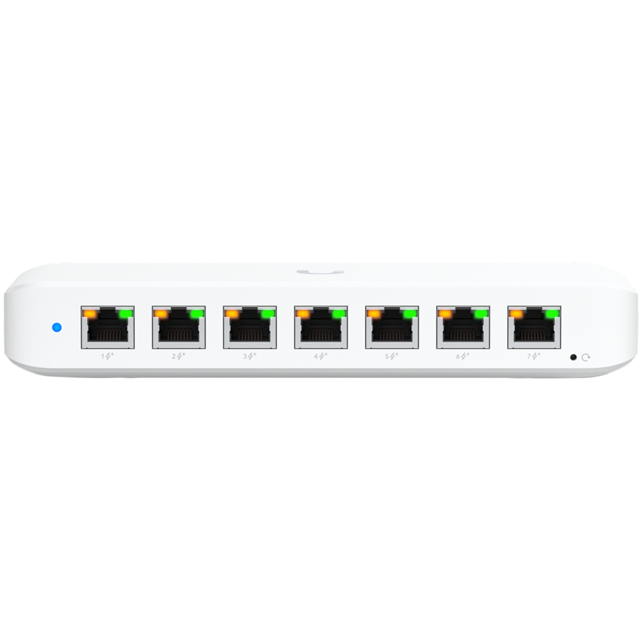 Ubiquiti USW-Ultra-210W-EU compact, Layer 2, 8-port GbE PoE switch with versatile mounting options, 7x GbE PoE+ output ports, GbE port with optional PoE++ input, 202W PoE availability with the include