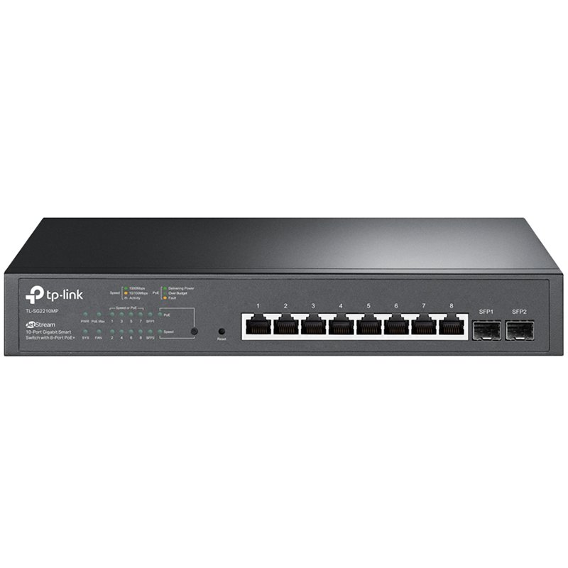 "JetStream 10-Port Gigabit Smart Switch with 8-Port PoE+, 8× Gigabit PoE+ Ports, 2× Gigabit SFP Slots, 802.3at/af, 150 W PoE Power, 1U 13-inch Rack-mountable Steel CaseIntegration with Omada SDN Contr