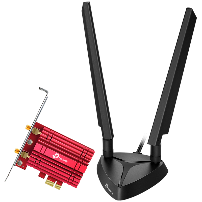 TP-LINK AXE5400 Wi-Fi 6E Bluetooth 5.3 PCIe Adapter, up to 2402 Mbps (6 GHz) + 2402 Mbps (5 GHz) + 574 Mbps (2.4 GHz), IEEE 802.11a/b/g/n/ac/ax, 2× High-Gain Tri-Band Antennas