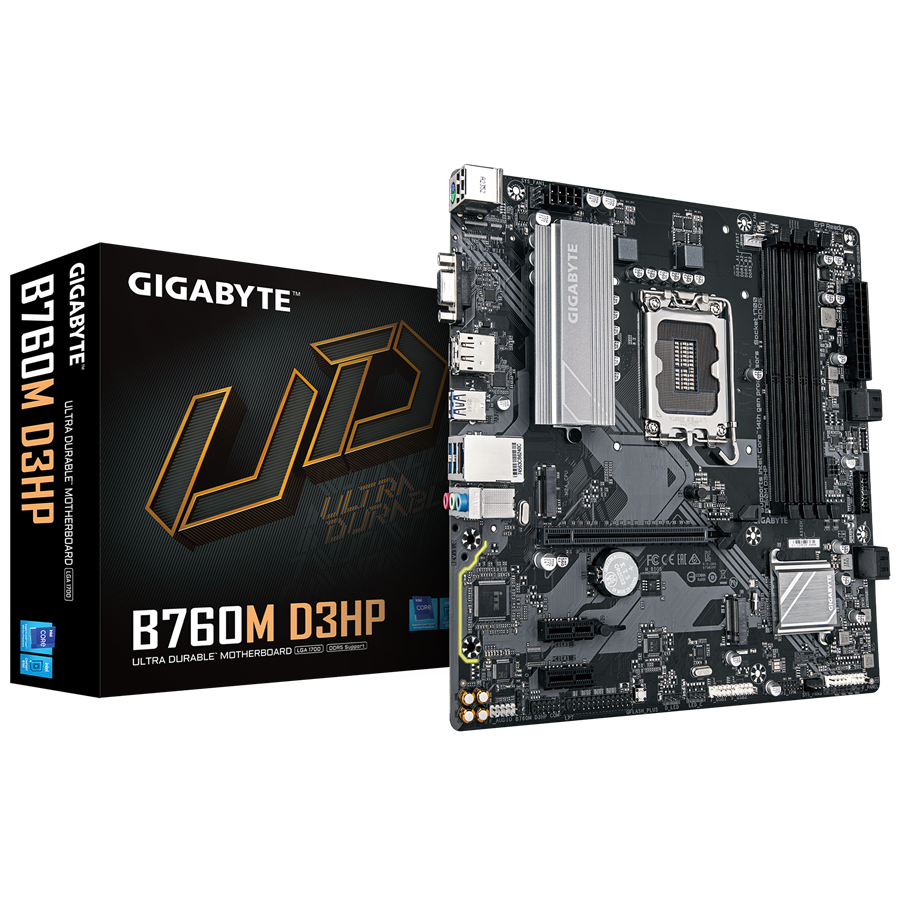 GIGABYTE MB B760M D3HP (LGA1700, 4x DDR5 256GB, 1x PCI-E 4.0 x16x16, 2x PCI-E 3.0 x1x1, 2x M.2 PCIe 4.0, 4x SATA, 2x USB 2.0, 1x DP, 1x HDMI, GbE LAN, mATX, Retail)