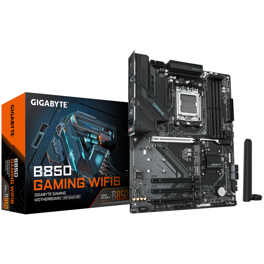 GIGABYTE Mainboard Desktop B850 GAMING WF6 (AM5, 4xDDR5, 1xDP, 1xHDMI, GLAN, WiFi6, BT5.3, 1x PCIe x16 5.0, 3xPCIe x16 supporting PCIe 3.0 x1, 3xM.2, 4xSATA3) ATX