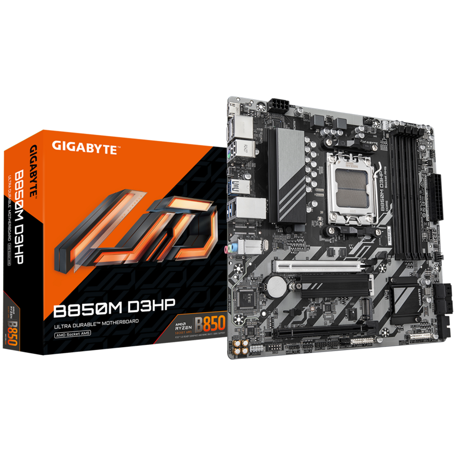 GIGABYTE Mainboard Desktop B850M D3HP (AM5, 4xDDR5, 2xDP, 1xHDMI, GLAN, 1x PCIe x16 5.0, 1xPCIe x16 supporting PCIe 3.0 x4, 2xM.2, 4xSATA3) mATX