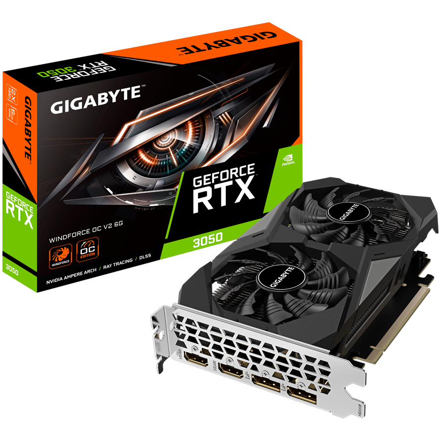GIGABYTE Video Card NVIDIA GeForce RTX 3050 WINDFORCE OC V2 6G (6GB GDDR6/96bit, PCI-E 4.0, Recommended PSU 300W, 2xDP, 2xHDMI) ATX