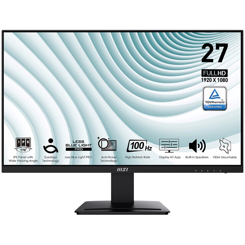 MSI PRO MP273A Professional Business Monitor, 27" 100Hz, FHD (1920 x 1080), 16:9, IPS, CR 1000:1, 1ms (MPRT) / 4ms (GTG), Anti-glare, 1x DP, 1x HDMI, 1x VGA, 2x 3W Speakers, VESA (75x75)