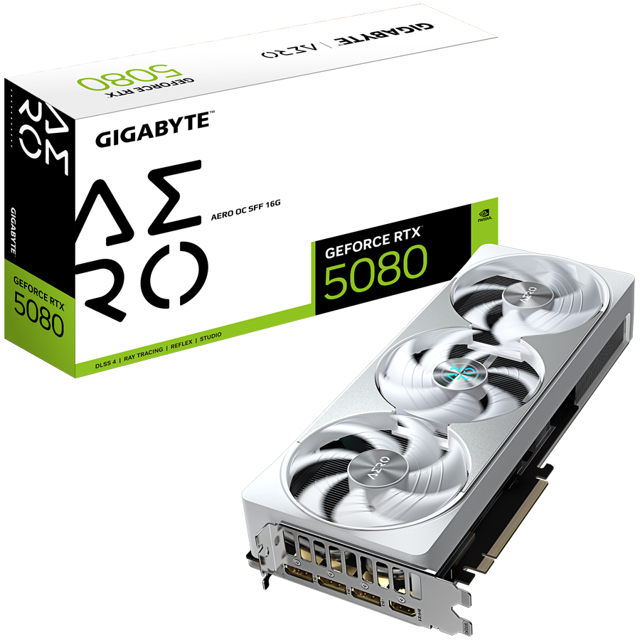 GIGABYTE Video Card NVIDIA GeForce RTX 5080 AERO OC SFF 16G (16GB GDDR7/256bit, PCI-E 5.0, Recommended PSU 850W, 16Pin Power connector, 3x DP, 1x HDMI) White/Silver