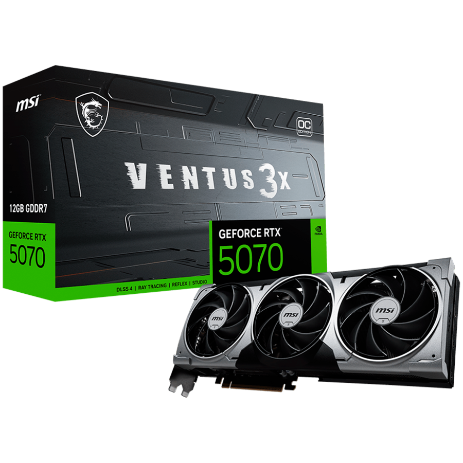 MSI GeForce RTX 5070 12G Ventus 3X OC - 12GB GDDR7 (28Gbps/192-bit), PCIe 5X 16, Boost: 2542 MHz, HDMI 2.1b, DisplayPort 2.1b