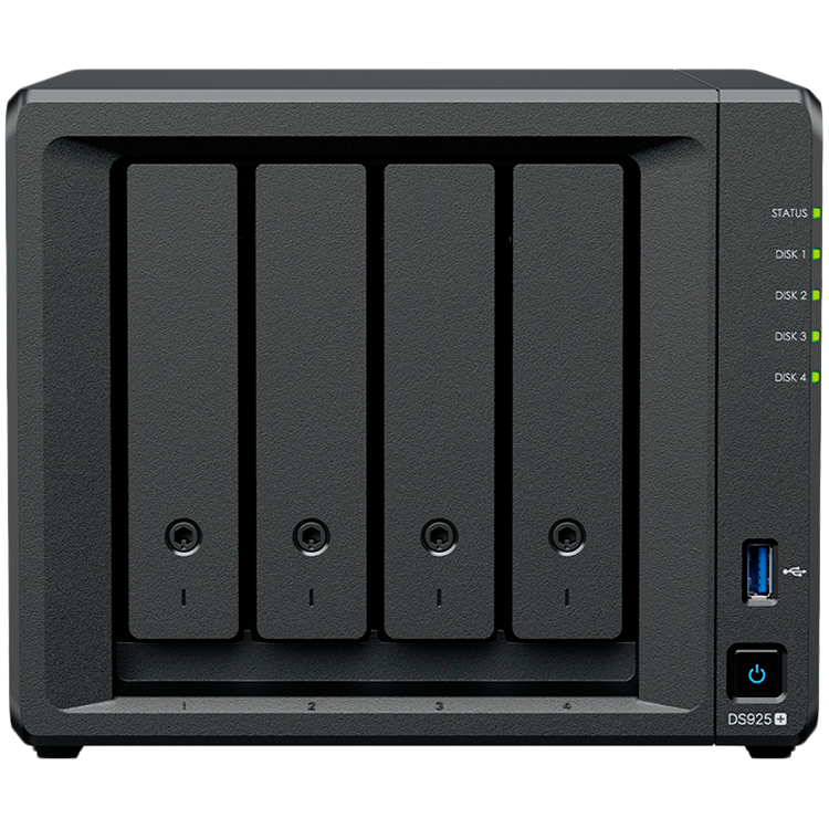 Synology DiskStation DS925+ Tower, 4-Bays 3.5'' SATA HDD/SSD, 2 x M.2 2280 NVMe SSD slot, CPU AMD Ryzen V1500B 4-core 2.2 GHz, 4 GB DDR4 ECC SODIMM, 2x RJ-45 2.5 GbE LAN Port; 2x USB 3.2; 1 xUSB Type-