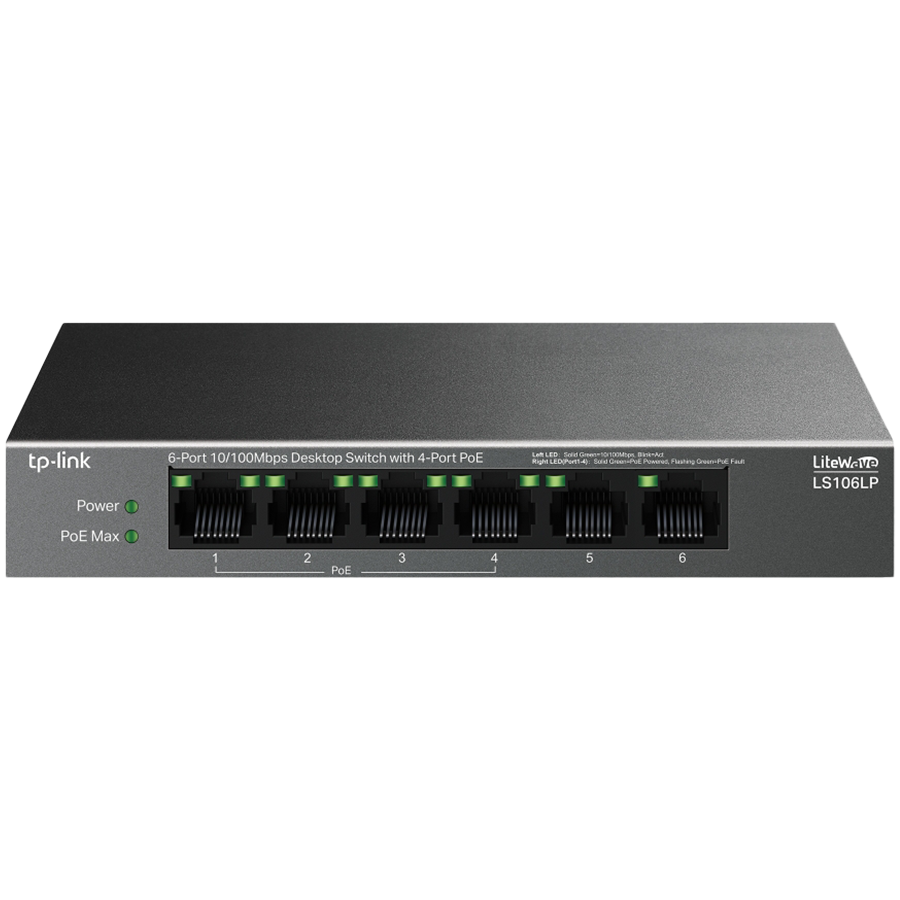 TP-Link LS106LP 6-Port 10/100 Mbps Desktop Switch with 4-Port PoE, 4× 10/100 Mbps PoE Ports, 2× 10/100 Mbps Non-PoE Ports, 802.3af, 41 W PoE Power, Desktop Steel Case, Extend Mode for 250m PoE Transmi