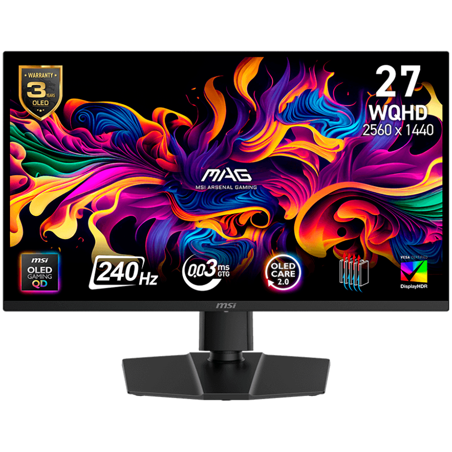 MSI MAG 273QP QD-OLED X24 Gaming Monitor, 26.5", QD-OLED, 240Hz WQHD (2560x1440), 0.03ms (GtG), 1000 Nits (HDR), DisplayHDR True Black 400, 2x HDMI, 1x DP,