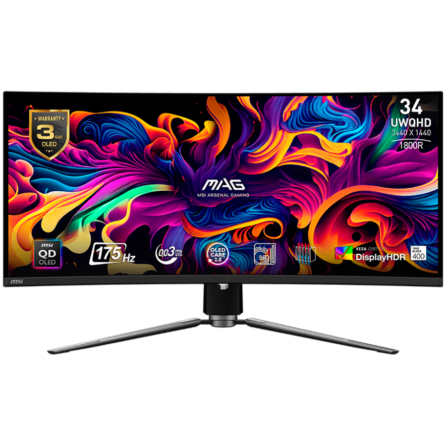 MSI MAG 341CQP QD-OLED Curved Gaming Monitor, 34", QD-OLED, 175Hz UWQHD (3440x1440), 21:9, 0.03ms GTG, FreeSync Premium Pro, 1800R Curve, DisplayHDR True Black 400, VESA, 1x Display Port (1.4a), 2x HD