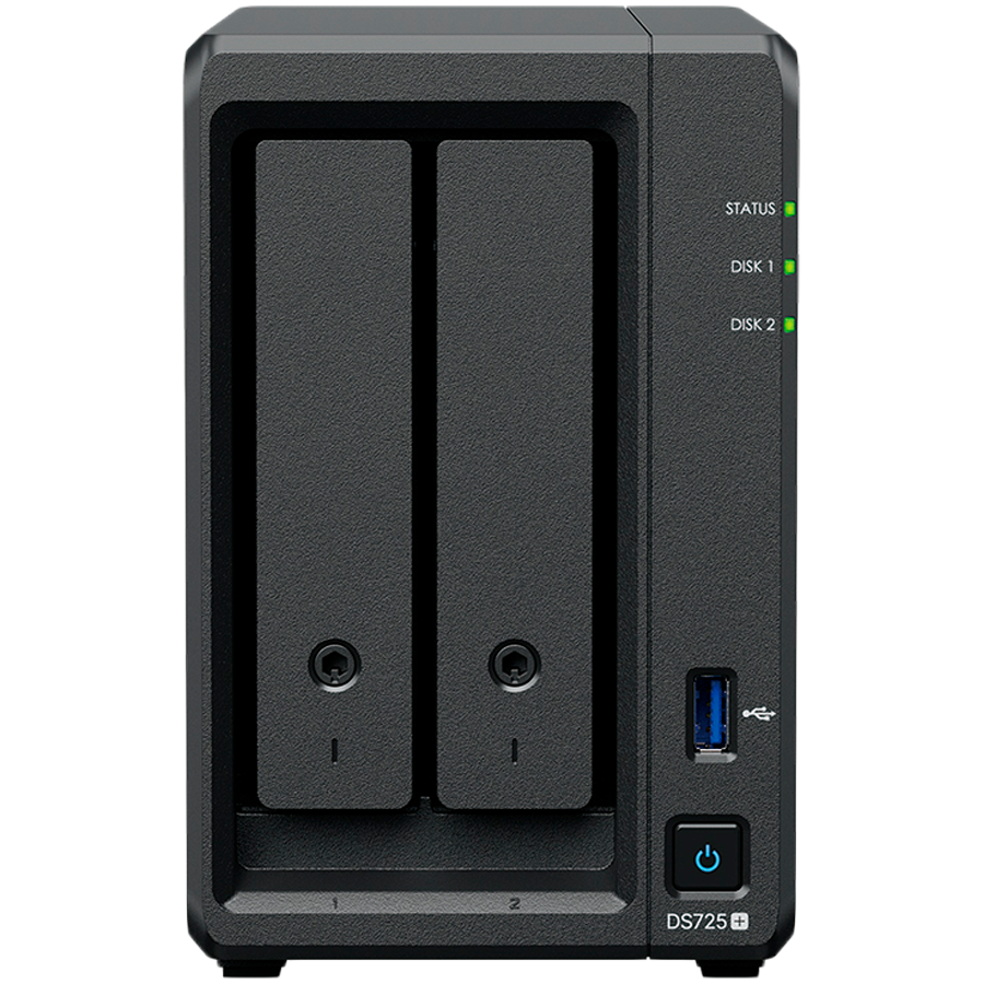 Synology DS725+, Tower, 2-Bays 3.5'' SATA HDD/SSD, 2 x M.2 2280 NVMe SSD, CPU AMD Ryzen R1600 dual-core (4-thread), max. boost up to 3.1 GHz, 4 GB DDR4 ECC SODIMM, 1 x 2.5 GbE, 1 x 1GbE, 1 x USB 3.2, 