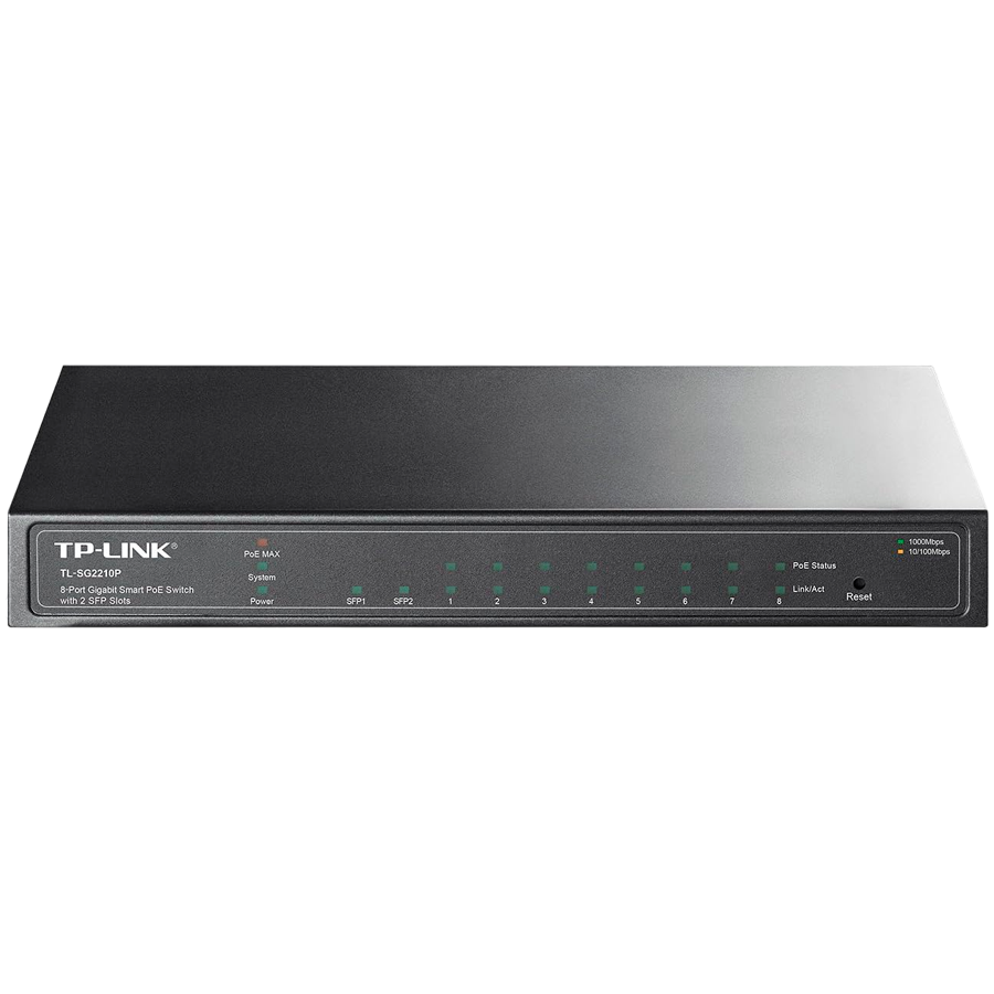 TP-Link SG2210P Omada 10-Port Gigabit Smart Switch with 8 Gigabit PoE+ ports and 2 x SFP slots, 61W total PoE budget, Static routing, VLAN, ACL, QoS, IGMP Snooping, Fanless, metal casing, desktop/wall