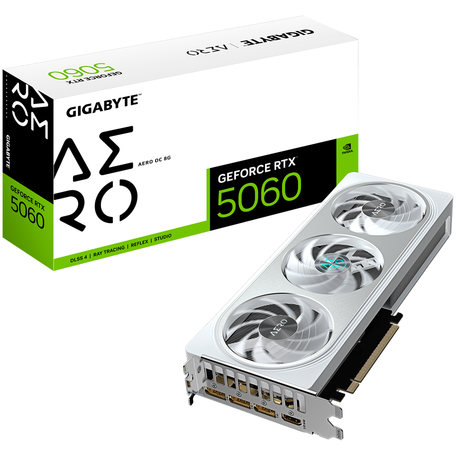 GIGABYTE Video Card NVIDIA GeForce RTX 5060 AERO OC 8G (8GB GDDR7/128bit, PCI-E 5.0, 1x 8Pin Power connector, Recommended PSU 450W, 3xDP, 1x HDMI, Retail)