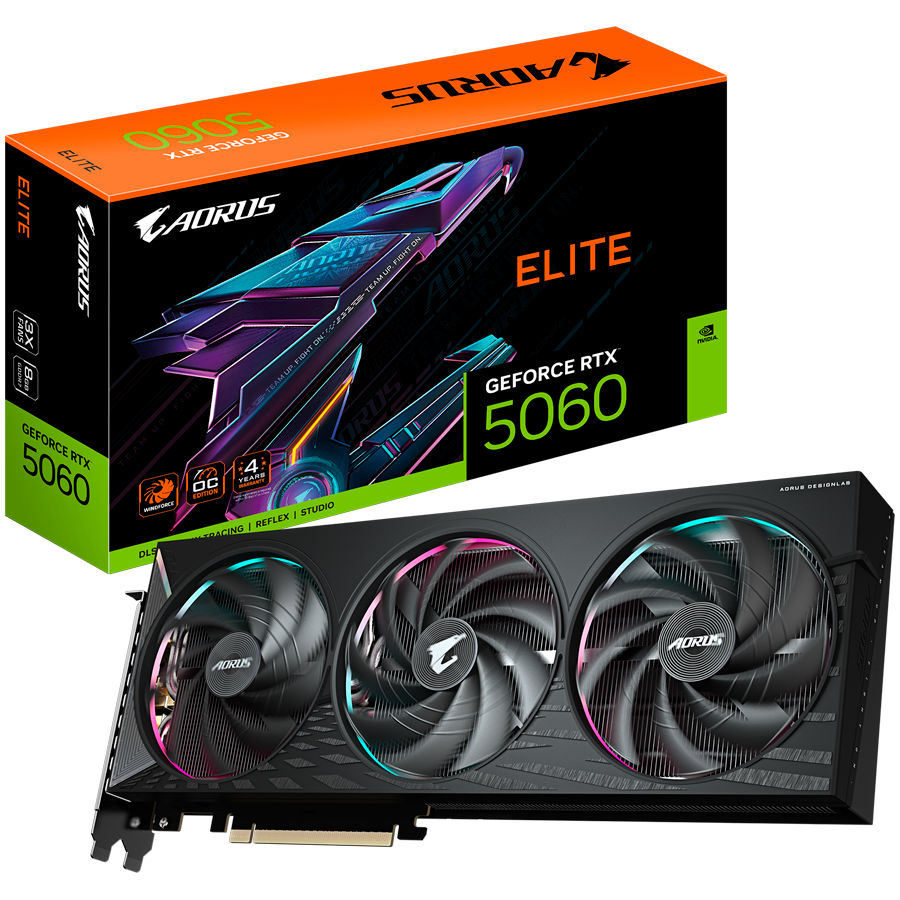 GIGABYTE Video Card NVIDIA AORUS GeForce RTX 5060 ELITE 8G (8GB GDDR7/128bit, PCI-E 5.0, 1x 8Pin Power connector, Recommended PSU 500W, 3xDP, 1x HDMI, Retail)