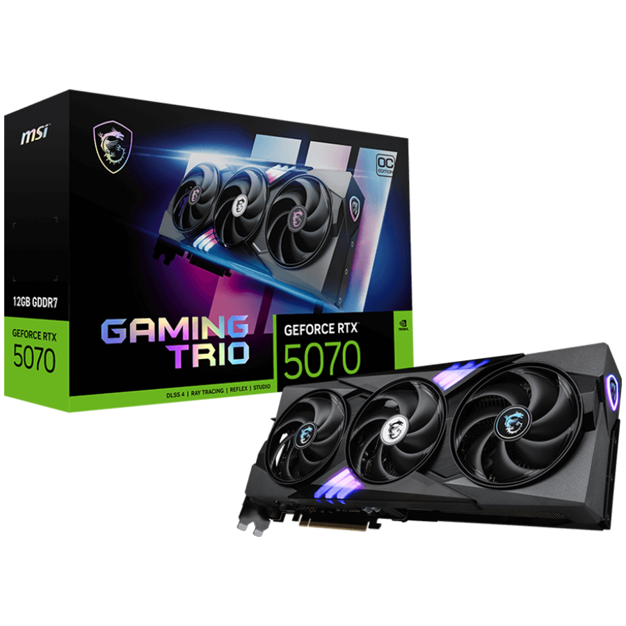 MSI Video Card Nvidia GeForce RTX 5070 12G GAMING TRIO OC, 12GB GDDR7, 192bit, Effective Memory Clock: 28000MHz, Boost: 2610 MHz, 6144 CUDA Cores, PCIe 5.0, 3x DP 2.1b, HDMI 2.1b, RAY TRACING, Triple 