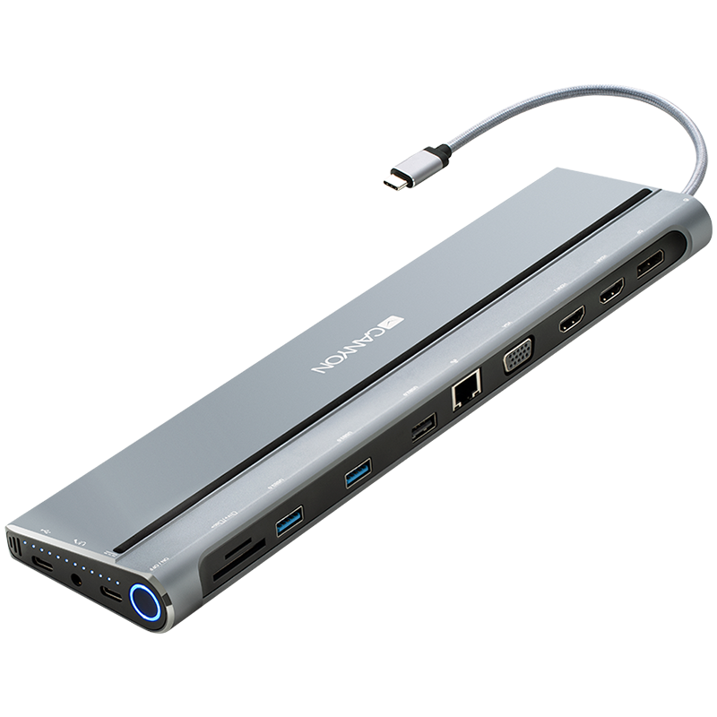 Canyon Multiport Docking Station with 14 ports: Type c data+Audio+Type C PD3.0 100W+SD+TF+2*USB3.0+USB2.0+RJ45+2*HDMI+VGA+DP+Lock, Input 100-240V, Output USB-C PD 5-20V/5A, cable length 0.20m, Space g