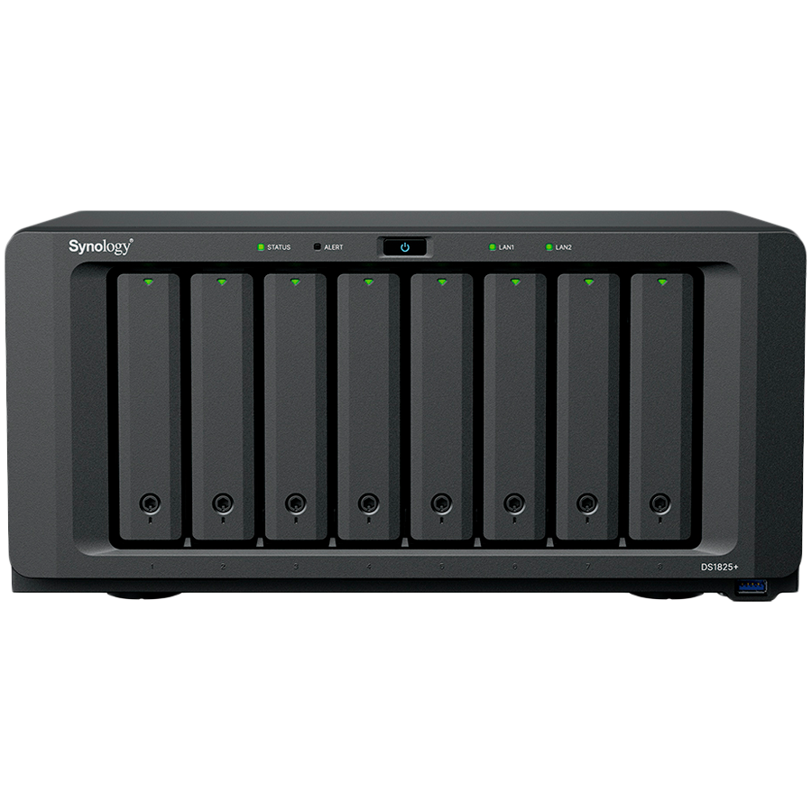 Synology DiskStation DS1825+, Tower, 8-BAY 3.5'' SATA HDD/SSD,  2xM.2 2280 NVMe SSD, CPU AMD Ryzen Quad-Core 2.2 GHz, 8GB DDR4, 2xRJ-45 2.5GbE LAN Port, 3xUSB 3.2, 2 x USB-C expansion ports (Expandabl