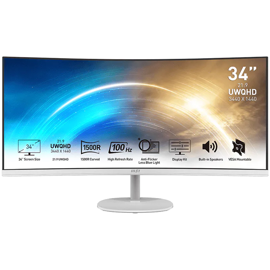 MSI PRO MP341CQW, VA, Curved 34", 3440 x 1440 (UWQHD), 100Hz, 4ms (GTG Min.) / 1ms MPRT, FreeSync, 21:9, Anti-glare, 2x HDMI, 1x DP, 2x 2W Speakers, VESA