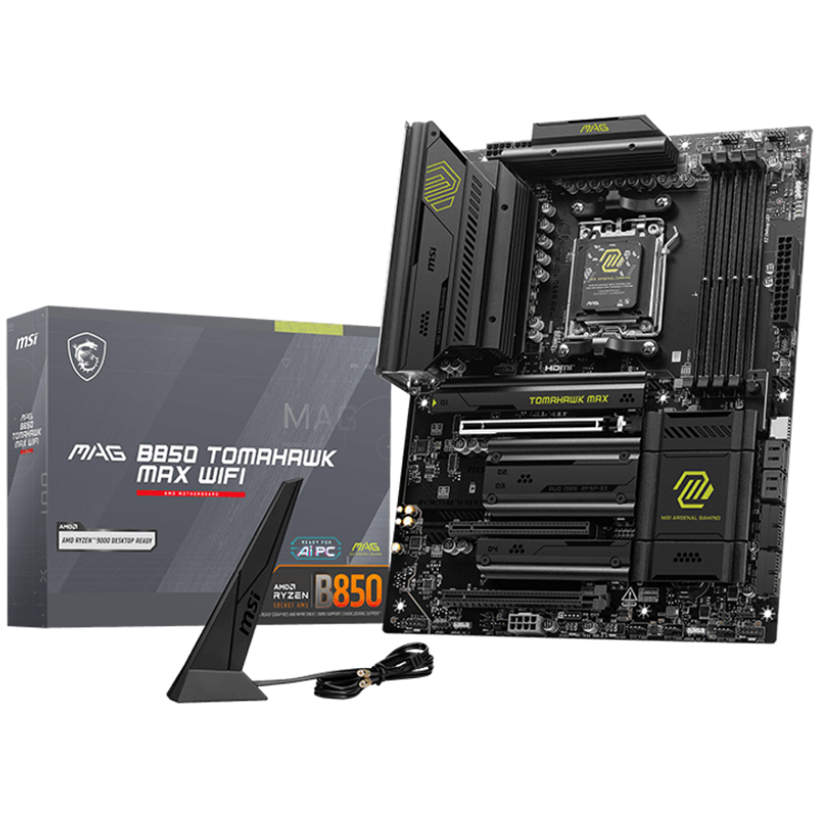 MSI MAG B850 TOMAHAWK MAX WIFI, ATX, Socket AM5, 4x DDR5 Dual Channel DDR5 up to 8400(OC)MHz, 3x PCIe 3.0 x16 slot, 4x M.2 slot, 4x USB 2.0, 1x USB 5Gbps, 2x USB 10Gbps, 3x USB 10Gbps Type-C, HDMI, 7.