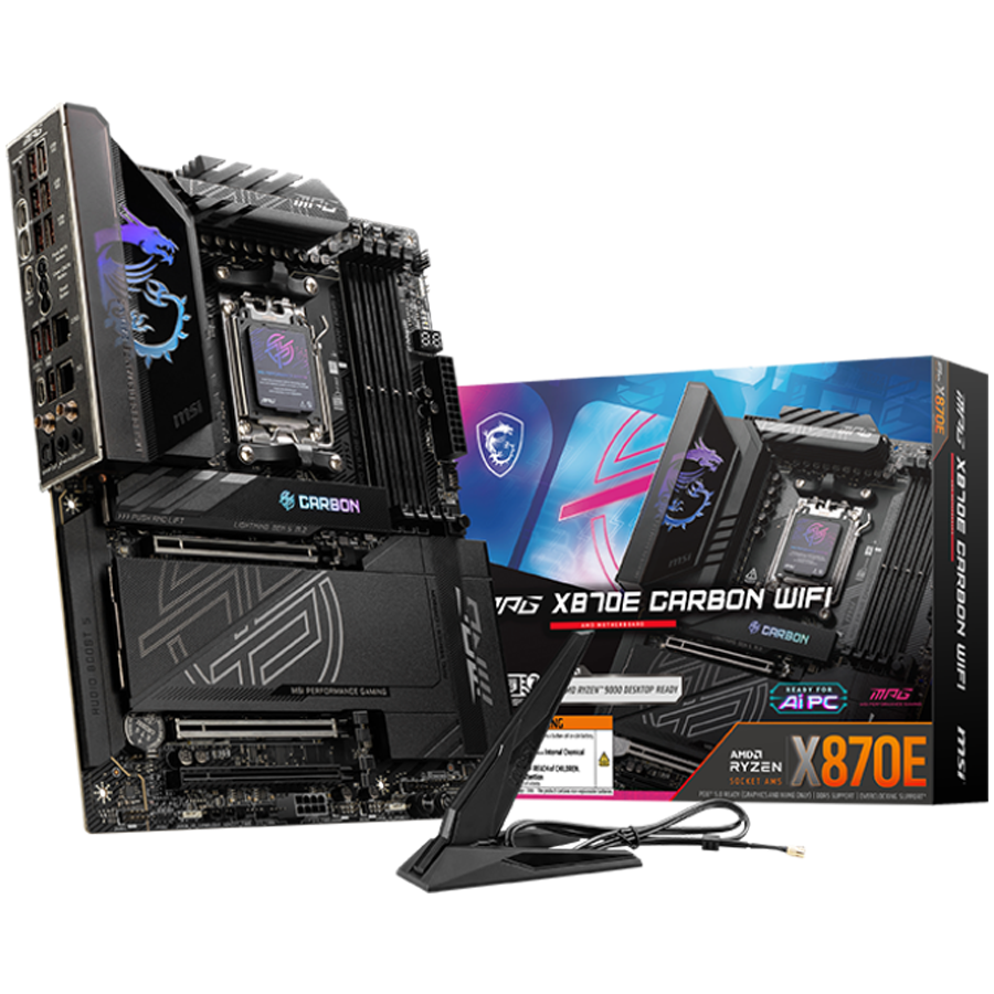 MSI MPG X870E CARBON WIFI, ATX, Socket AM5, 4x DDR5 Dual Channel DDR5 up to 8400(OC)MHz, 3x PCIe 3.0 x16 slot, 4x M.2 slot, 9x USB 10Gbps, 2x 10Gbps Type-C, 2x 40Gbps Type-C, HDMI, 7.1 HD Audio, 2.5+5