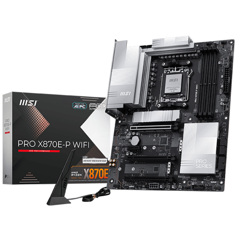 MSI PRO X870E-P WIFI, ATX, Socket AM5, 4x DDR5 Dual Channel DDR5 up to 8200(OC)MHz, 3x PCIe x16 slot, 3x M.2 slot, 4x USB 2.0, 2x USB 5Gbps, 2x USB 10Gbps, 1x 20Gbps Type-C, 1x 40Gbps Type-C, HDMI, 7.
