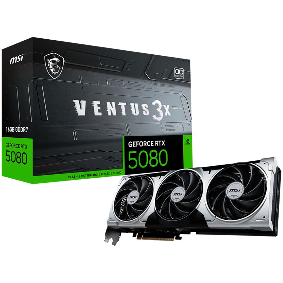 MSI Video Card Nvidia RTX 5080 16G VENTUS 3X OC PLUS (16GB GDDR7/256bit, PCI-E Gen5, 3x DP 2.1, 1x HDMI 2.1, 1x 16-pin Power Connector, 850W recommended, Retail)