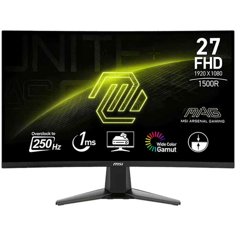 MSI MAG 27C6X Gaming Monitor, 27", 1920 x 1080 (FHD), VA, Curve 1500R, 250Hz, 250nits, 1ms, Adaptive-Sync, HDR Ready, 1x DP, 2x HDMI, Tilt