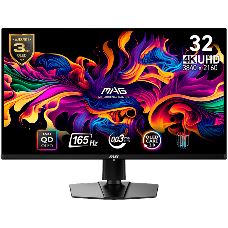 MSI MAG 321UP QD-OLED, 31.5'', 3840x2160 (UHD), 16:9, 250 NITS, 165Hz, 0.03ms (GTG), AMD FreeSync Premium Pro, 1x DP 1.4a, 2x HDMI 2.1 (4K, 165Hz), 1x USB 2.0 Type-C (DP alt.) w/ 15W PD, VESA,