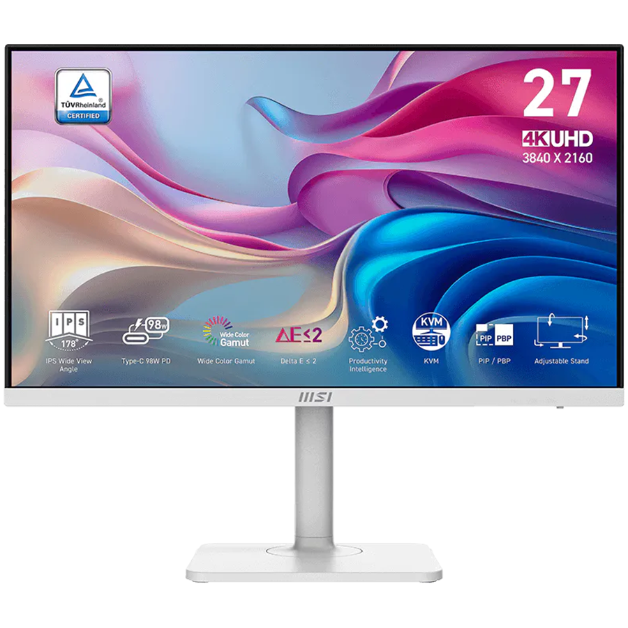 MSI Modern MD272UPHW, 27", IPS, UHD, 60Hz, 4ms, 400nits, 10 bit, DisplayHDR 400, HDMI, DP, USB Type C w/ 98W PD, Speakers, Tilt, Swivel, Pivot, Height Adjustment, White