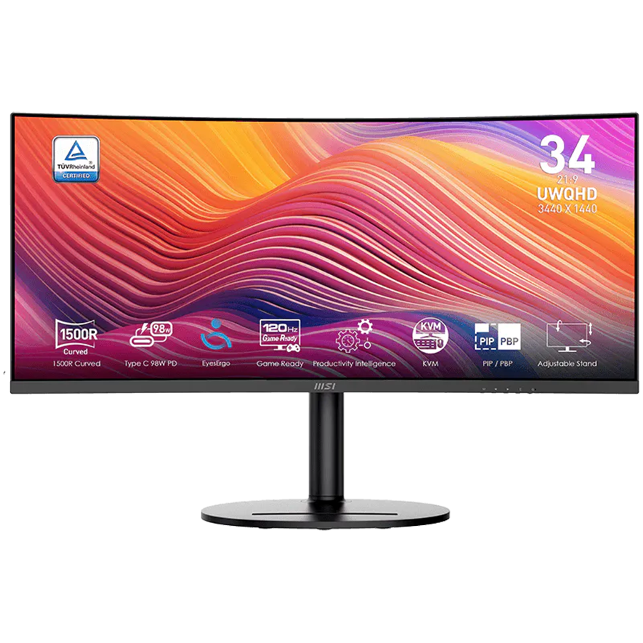 MSI Modern MD342CQP, 34", VA, Curved 1500R, 3440 x 1440 (UWQHD), 120Hz, 1ms/4ms, 300nits, 10 bit, HDR Ready, 2x HDMI, 1x DP, USB Type C w/ 98W PD, Speakers, Tilt, Swivel, Pivot, Height Adjustment