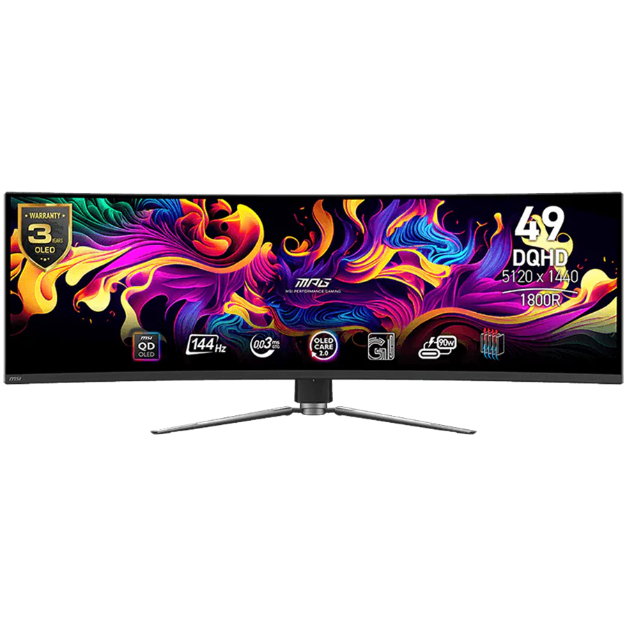 MSI MPG 491CQP QD-OLED Gaming Monitor, 49", 5120 x 1440 (DQHD), QD-OLED, 144Hz, Curve 1800R, 0.03ms, AMD FreeSync Premium Pro, DisplayHDR True Black 400, 1x DP, 2x HDMI, 1x USB Type C w/PD 90W, Tilt, 