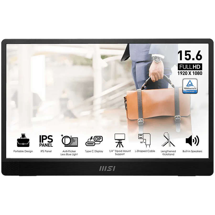 MSI PRO MP161 E2U Portable Monitor, 15.6", 60Hz FHD (1920 x 1080), 16:9, IPS, 250NITS, 4ms, Anti-glare, 1x Mini HDMI, 2x Type-C (DP 1.2a signal with Alt mode & 15W Power Delivery / Power Input), 2x 1.
