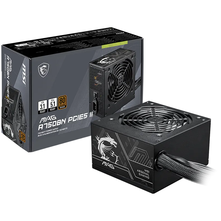 MSI MAG A750BN PCIE5 II, 750W 80+ Bronze, ATX 3.1, PCIe 5.1, 120mm Fan, Active PFC, OVP, OCP, SCP, OPP, UVP