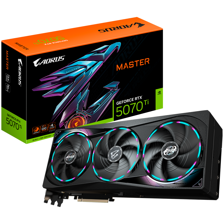 GIGABYTE Video Card NVIDIA GeForce RTX 5070 Ti AORUS MASTER 16G (16GB GDDR7/256bit, PCI-E 5.0, Recommended PSU 750W, 3xDP, 1xHDMI) ATX