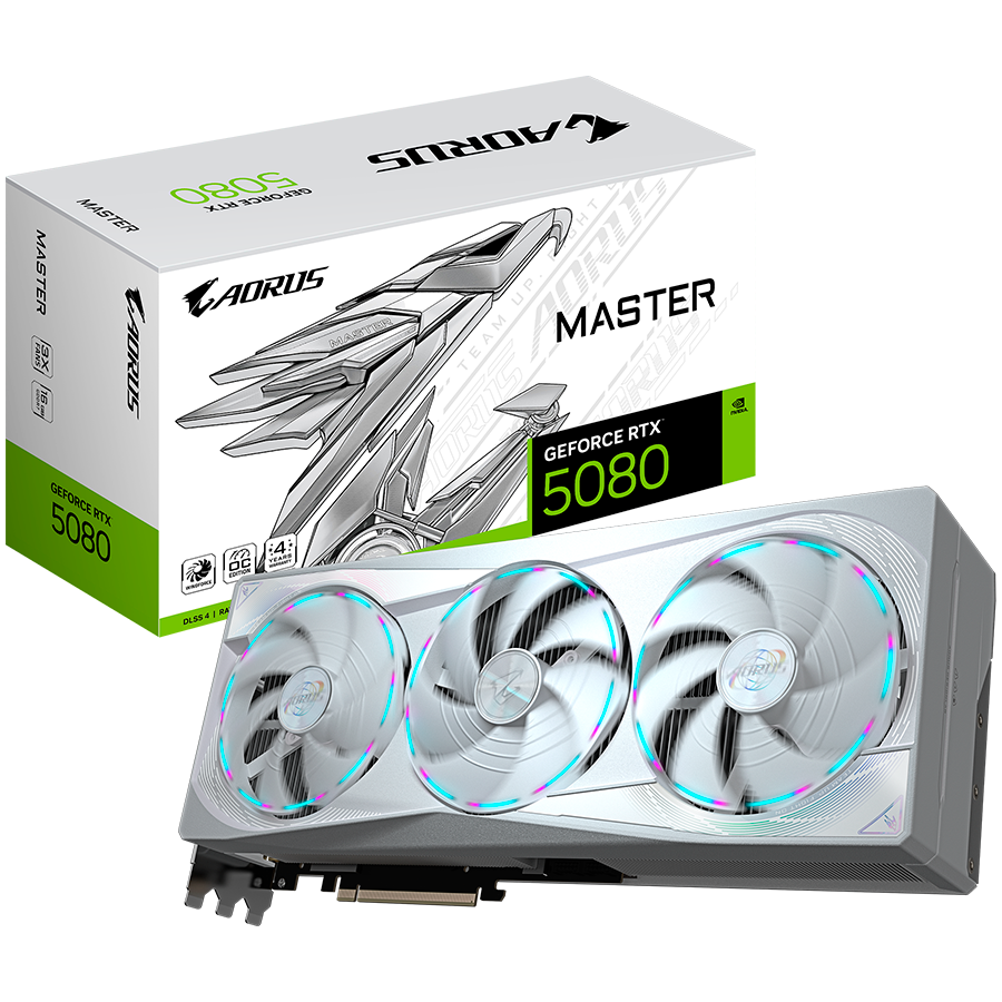 GIGABYTE Video Card NVIDIA GeForce RTX 5080 AORUS MASTER ICE 16G (16GB GDDR7/256bit, PCIe 5.0, 3xDP, 1xHDMI, Recommended PSU 850W, 3 fans) ATX white