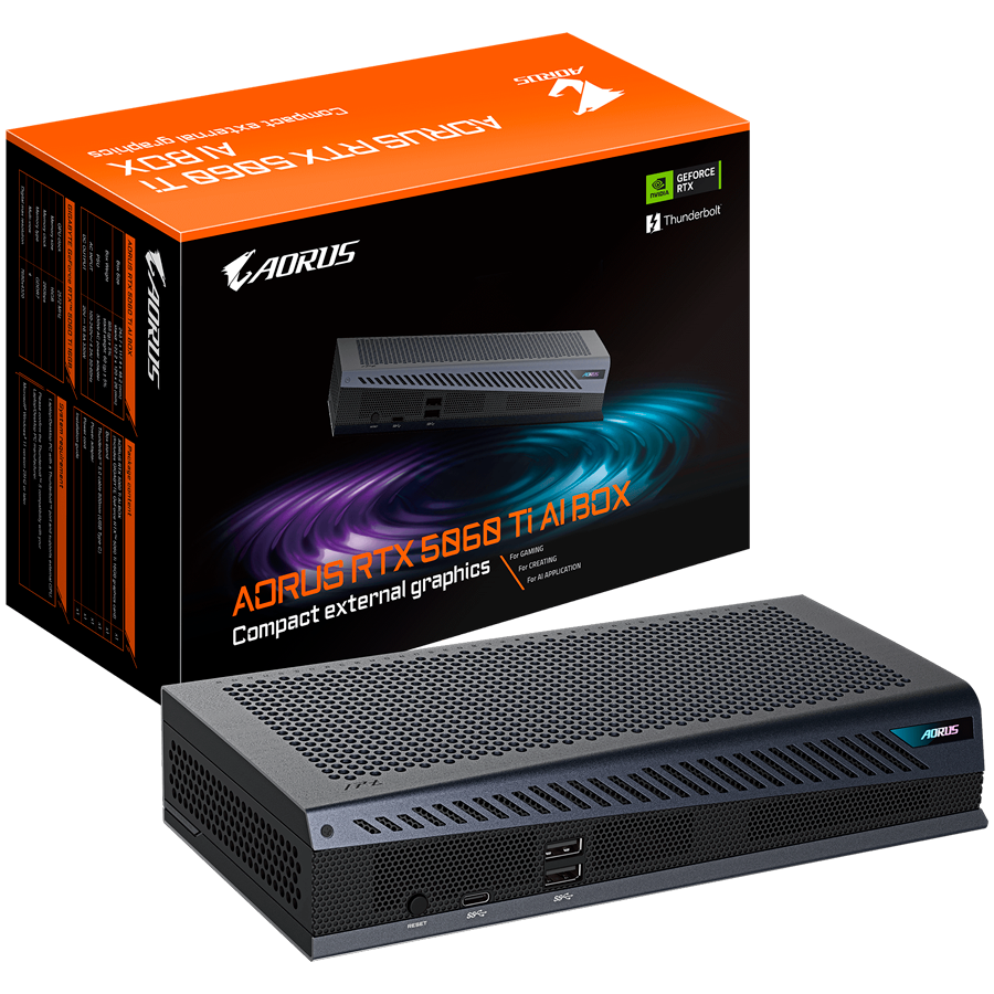GIGABYTE AORUS RTX 5060 Ti AI BOX, GeForce RTX 5060 Ti 16GB, Thunderbolt 5 plug and play, 1x Thunderbolt 5, 3x USB 3.2 Gen 2, 3x DP 2.1b, 1x HDMI 2.1b